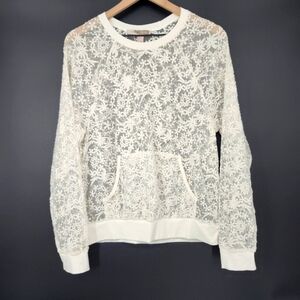 Ivory Sheer Womens Long Sleeve Top Size L Floral‎ Embroidery Dainty Cottage